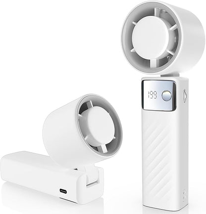Portable Handheld Turbo Fan - Foldable Mini Fan with Air Turbo Tech, 1-199 Speed Adjustment, 20H Runtime, LED Display, Battery-Powered for Indoor/Outdoor Use Light White