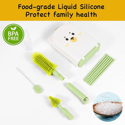 Portable 7-in-1 Baby Bottle Brush Set, Travel Cleaner Kit for Travel and Home, All-in-One Travel Baby Bottle Washing Kit: Integrated Cleaning & Drying System for Bottles and Breast Pump Parts (Green)