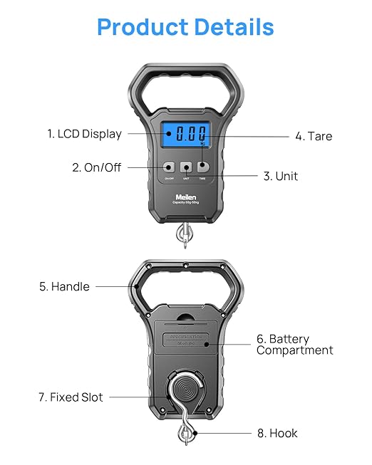 Meilen Fishing Scale,110lb/50kg Hanging Luggage Weigh Scale Unit with Backlit LCD Display, Suitcase Luggage Weigh Divice with Large Handle, Digital Postal Unit Fishing Gifts for Men