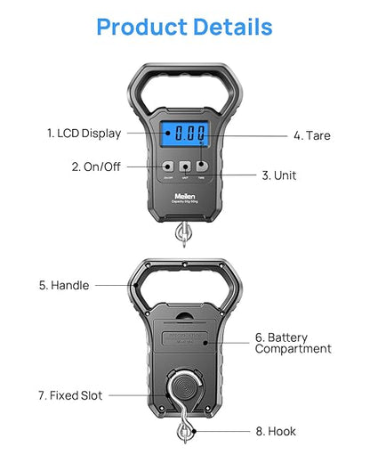 Meilen Fishing Scale,110lb/50kg Hanging Luggage Weigh Scale Unit with Backlit LCD Display, Suitcase Luggage Weigh Divice with Large Handle, Digital Postal Unit Fishing Gifts for Men