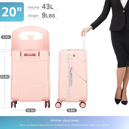 smilesun 20" Carry On Luggage with Seat For Kids & Adults，Hardside Ride On Suitcase with 360°Spinner and TSA Lock For Travel(Light Pink, 20-in)