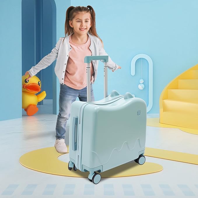 18-Inch Kids Ride-On Suitcase - Cute Lightweight Trolley Luggage with 4 Silent Spinner Wheels & Lock for Travel - Perfect for Ages 3-6 (Sky Blue)