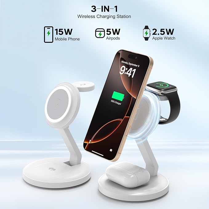 Charging Station for Apple Magnetic Wireless iPhone Mag-Safe Charger,15W 3in1 Foldable Wireless Dock Fast MagSafe Charger Stand for iPhone 17 Pro Max/16 Plus/16 ProMax/15/14/13,Apple Watch,AirPods Pro