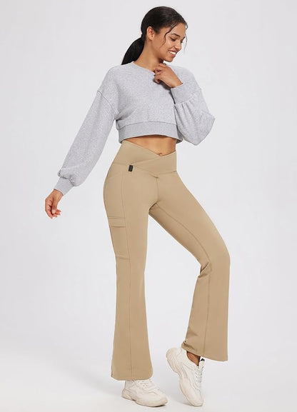 baleaf Women's Fleece Lined Pants Winter Thermal Water Resistant Crossover Flare Leggings Warm Bootcut Hiking Outdoor