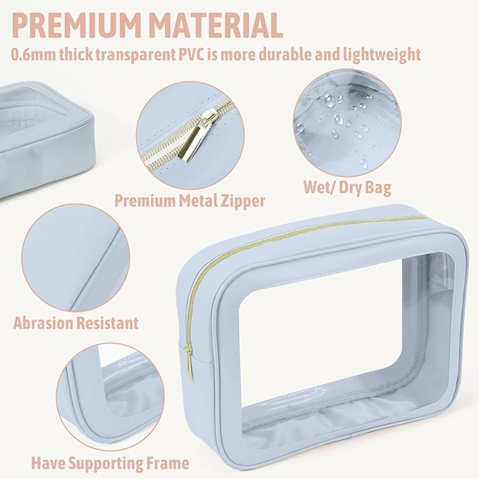 3PCS Clear Toiletry Bag,TSA Approved Travel Makeup Pouch with Zipper for Cosmetics and Toiletries，Diaper Bag Organizer Pouch Set,Women's Purse Organizer and Clear Car Bag