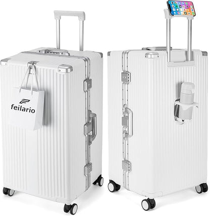 feilario 26in Super Large Captain Aluminum Frame Hardside Spinner Wheels Luggage, Zipperless Checked Suitcase with Cup Holder/Phone Holder