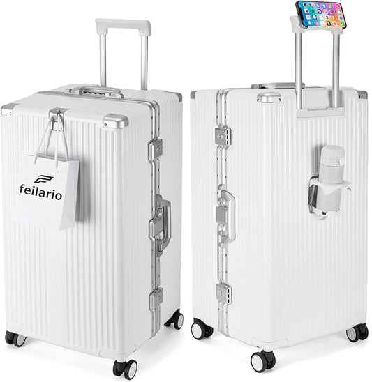 feilario 26in Super Large Captain Aluminum Frame Hardside Spinner Wheels Luggage, Zipperless Checked Suitcase with Cup Holder/Phone Holder