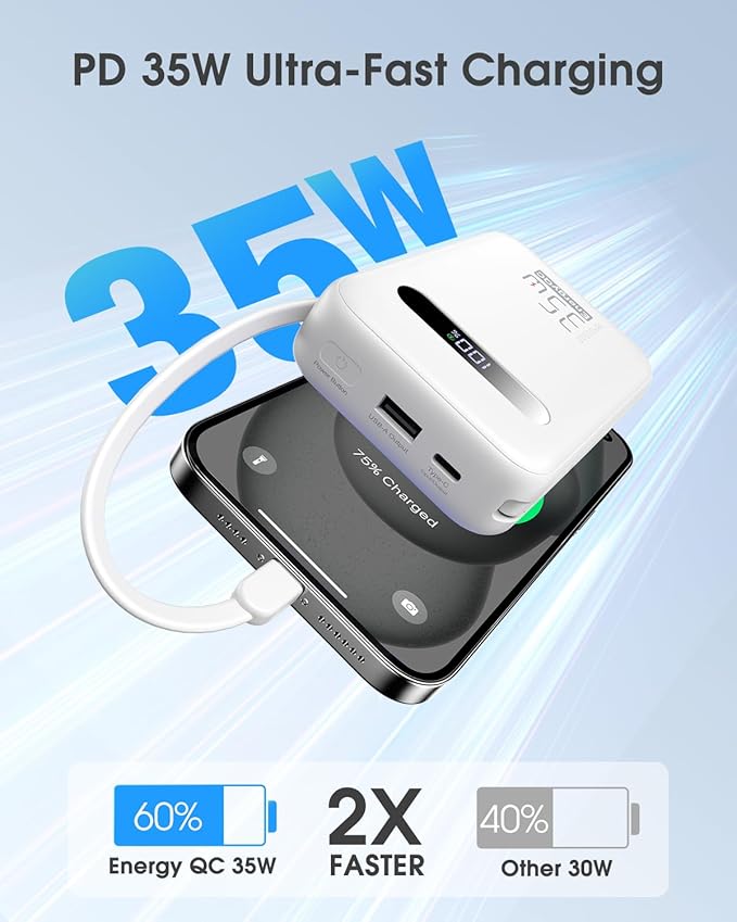 EnergyQC 20000mAh Portable Charger, 35W PD 3.0+QC 4.0 Fast Charging Power Bank with Built-in Lightning & USB-C in&Out Cables, Travel Battery Pack for iPhone 16/15/14/13, Samsung, iPad, Android, White