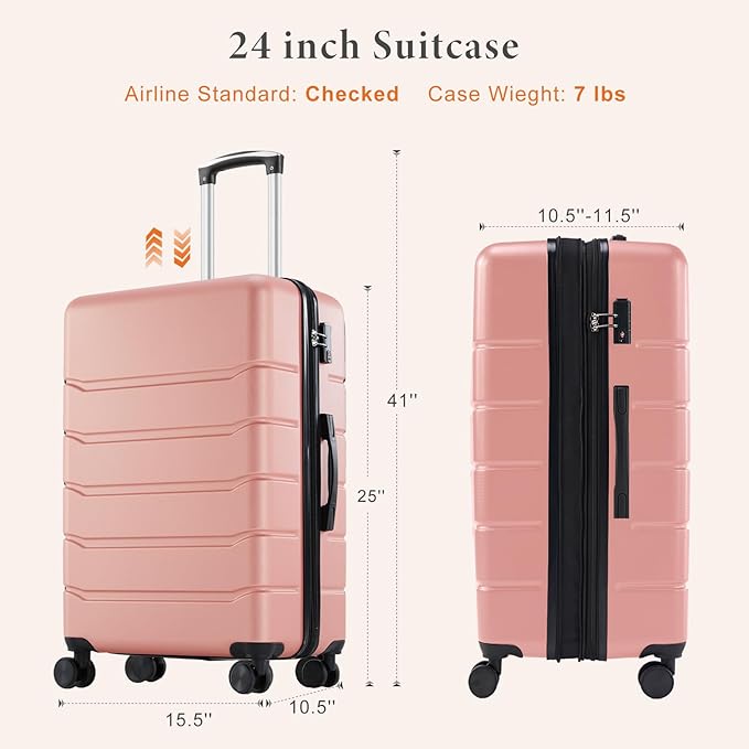 Sweetcrispy Carry on Luggage, Hard Shell ABS Suitcase with Double Spinner Wheels, Lightweight Expandable Rolling Suit Case with TSA Lock, 24 Inch Light Pink
