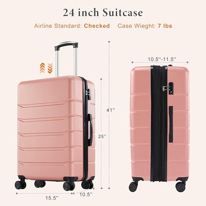 Sweetcrispy Carry on Luggage, Hard Shell ABS Suitcase with Double Spinner Wheels, Lightweight Expandable Rolling Suit Case with TSA Lock, 24 Inch Light Pink