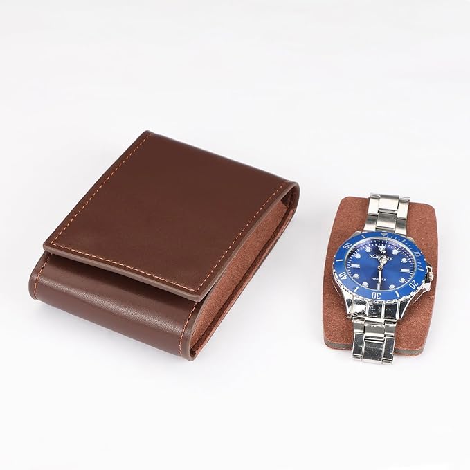 Travel Watch Case - Leather Watch Pouch with Velvet Lining, Single Case, Unisex | Business Travel and Office Christmas Gift (Brown