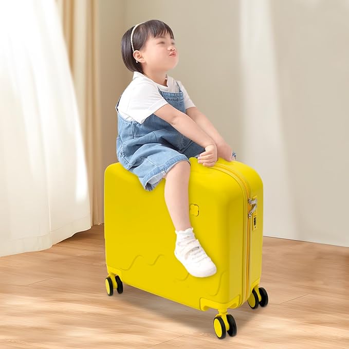 18" Ride-On Kids Suitcase with Double Spinner Wheels, Lightweight Tow-Along Luggage Carry-on Hardside Trolly Case with Password Lock, Rolling Children's Travel Luggage for Travel, School (Yellow)