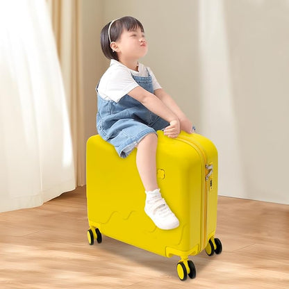 18" Ride-On Kids Suitcase with Double Spinner Wheels, Lightweight Tow-Along Luggage Carry-on Hardside Trolly Case with Password Lock, Rolling Children's Travel Luggage for Travel, School (Yellow)