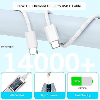 10Foot USB C-C Woven Fast Charging Cable,Apple 40W 4 Port USB C Wall Charger Block with 10FT Type C Charging Cable Cord PD&AC 40W Adapter for iPhone 17Air/17 Pro/16/16e/16 Pro Max/15/iPad Pro/Air/Mini