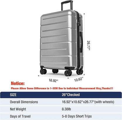KYME Suitcases with Wheels Hardshell 26 Inch Luggage with TSA Lock Durable Medium Checked Travel Rolling Luggage with Cup Holder for Women Men Silver Grey