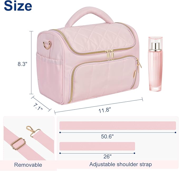 Travel Toiletry Bag Large Cosmetic Makeup Bag Organizer for Women,Wide-open Make Up Bag Waterproof Makeup Case Travel Bag with Handle and Dividers for Toiletries,Essentials,Accessories,LT Pink
