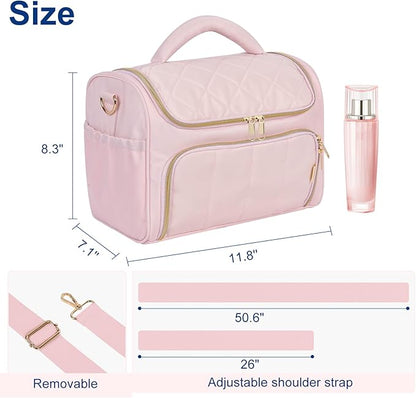 Travel Toiletry Bag Large Cosmetic Makeup Bag Organizer for Women,Wide-open Make Up Bag Waterproof Makeup Case Travel Bag with Handle and Dividers for Toiletries,Essentials,Accessories,LT Pink