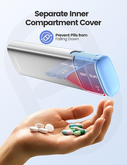 Vaydeer Metal Travel Pill Organizer – Compact Weekly Pill Box for Daily Medication – Portable Small Pill Case for Vitamins, Pills & Supplements (Champagne)