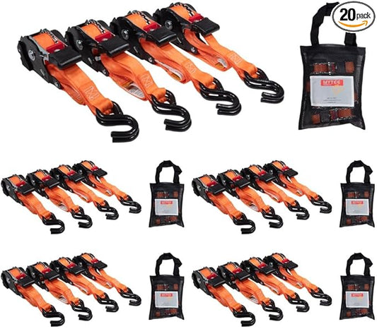 20 Pack Orange Auto Retract NO-RATCHETING Ratchet Straps | 1" x 12' Retractable Ratchet Straps with Zinc Coated S Hook Tiedowns for Motorcycles, ATVs, Bikes, Trailer Tie-Down