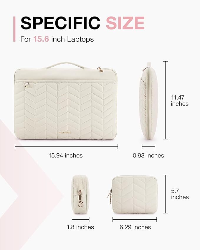 BAGSMART 15-15.6 Inch Laptop Case Sleeve for Women, Puffy Shockproof Laptop Bag with Accessories Pouch and Handle, Lightweight Computer Case Compatible with Dell, HP, MacBook Air/Pro, Natural Cream
