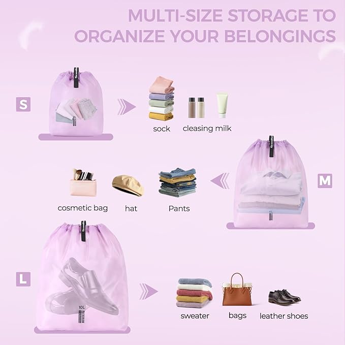 3 Set Packing Cubes for Travel, Ultralight Luggage Organizer Bags Waterproof Storage Bag, Multiple Sizes Reusable Drawstring Bags Used Essential for Gym Swim (Purple)