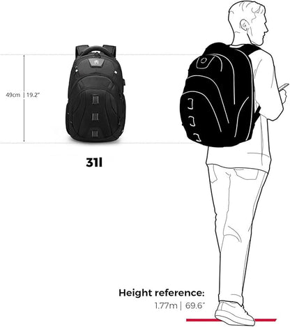 Swissdigital Design Men's Travel Laptop Backpack, TSA Friendly USB Charging RFID Protection Backpack for College and Business, Fits 17" Laptops Black | SD1644FB-01