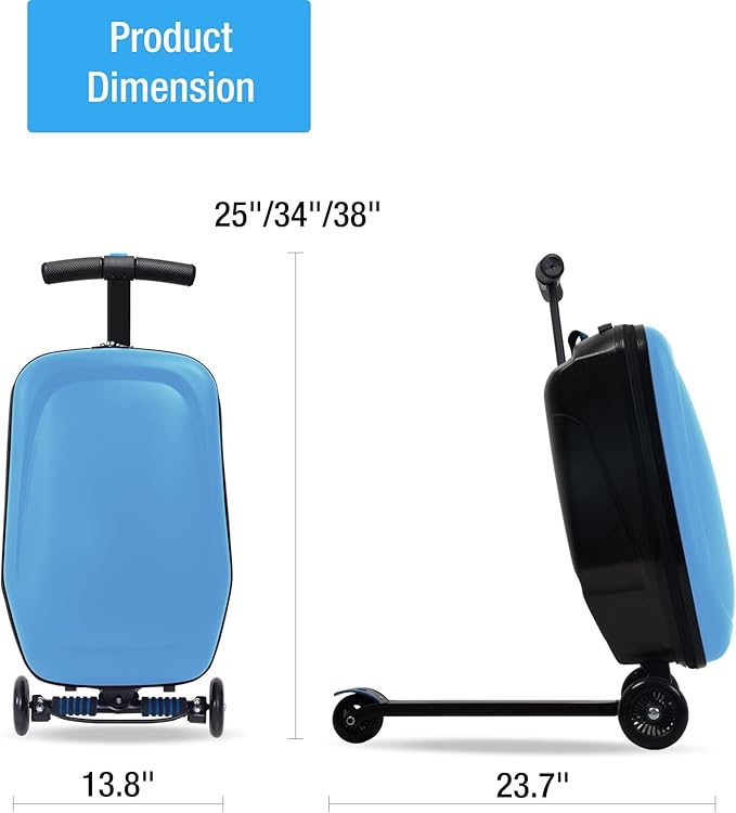 Apelila 20" Scooter Suitcase for Kids, 2-in-1 Ride On Luggage with Wheels for Boys & Girls Ages 4-15, Foldable Hardshell Carry On Lightweight Travel Suitcase for Airplane (Light Blue)