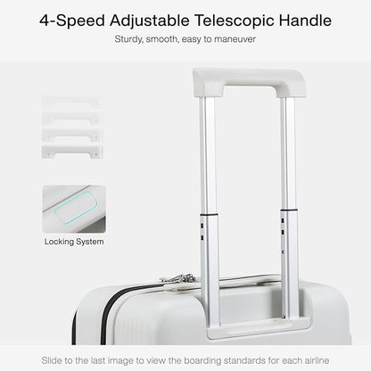 Hanke Grace Carry On Luggage with Wheels Airline Approved Hard Shell Suitcases with Front Pocket，Top Opening Luggage with TSA Lock for Short Business Travel，Smoke White.