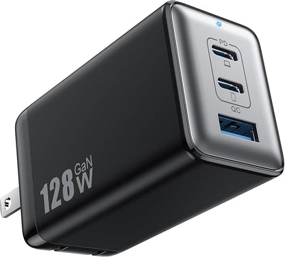 128W USB C Wall Charger,GaN III 3-Port Fast Charging Station,PD QC Foldable Charger Block Portable 65W Laptop Adapter for MacBook Pro/Air,iPad Pro,Galaxy S23,Dell XPS 13,iPhone 17/16/Pro etc