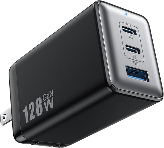 128W USB C Wall Charger,GaN III 3-Port Fast Charging Station,PD QC Foldable Charger Block Portable 65W Laptop Adapter for MacBook Pro/Air,iPad Pro,Galaxy S23,Dell XPS 13,iPhone 17/16/Pro etc