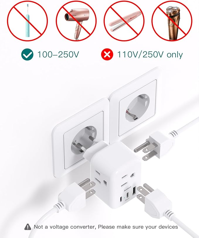 3 Pack European Travel Plug Adapter, Addtam US to Europe Plug Adapter with 3 Outlets 3 USB Charger (2 USB C Port), Type C Power Adaptor to Italy Spain France Portugal Iceland