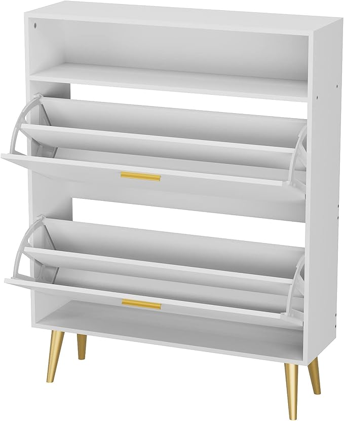 JOZZBY Shoe Cabinet for Entryway, White Narrow Shoe Storage Cabinet with 2 Flip Drawers, Freestanding Hidden Shoe Rack Storage with Open Shelves for Hallway, Living Room