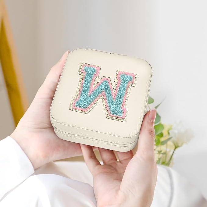 SANDJEST Personalized Jewelry Box, White Travel Jewelry Box with Initial W, Small Monogrammed Jewelry Case Organizer for Girls Women Teen Kids, Mini Travel Essentials Gifts for Birthday Christmas