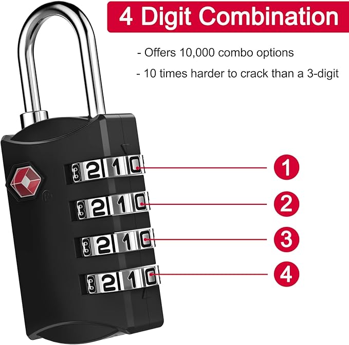 ZHEGE Luggage Lock for Train 4 Pack, 1 Cable (30 Inch), TSA Approved Travel Cable Lock for Backpack, Suitcase, School Gym Locker (4 Pack, Black)