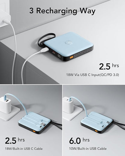 VRURC 10000mAh Portable Charger for iPhone with Built-in Cables, PD 20W Fast Charging Power Bank, Battery Pack for iPhone 17 16 15 14 13 Samsung Galaxy S25 S24 Series Android, Blue(1 Pack)