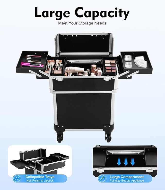 Black Rolling Makeup Case, Professional Cosmetic Box Storage on Wheels, Large Make Up Train Carrying Cases w/4 Organizer Trays, Cosmetic Case Trolley with Locks for Makeup/Nail Art/Hair Styling
