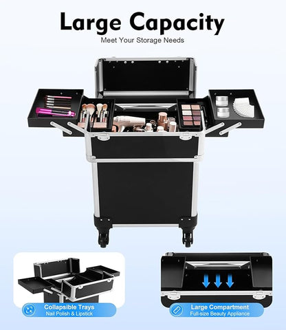 Black Rolling Makeup Case, Professional Cosmetic Box Storage on Wheels, Large Make Up Train Carrying Cases w/4 Organizer Trays, Cosmetic Case Trolley with Locks for Makeup/Nail Art/Hair Styling