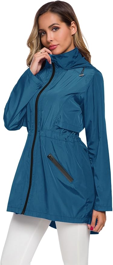 Avoogue Women's Long Raincoat with Hood Outdoor Lightweight Windbreaker Rain Jacket Waterproof