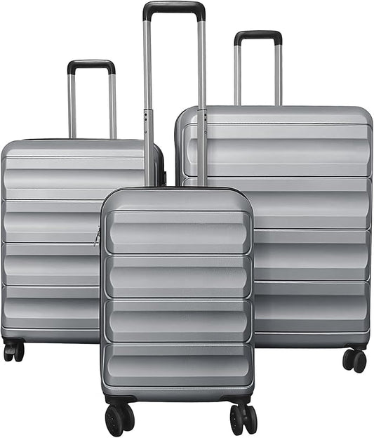 GYMAX Luggage Sets 3 Pieces Hardside Suitcase with Spinner Wheels & Lock, 20” Carry On, 24” & 28” Checked Luggage Set, Lightweight Portable for Travel, Business (Grey,Wide Stripe)