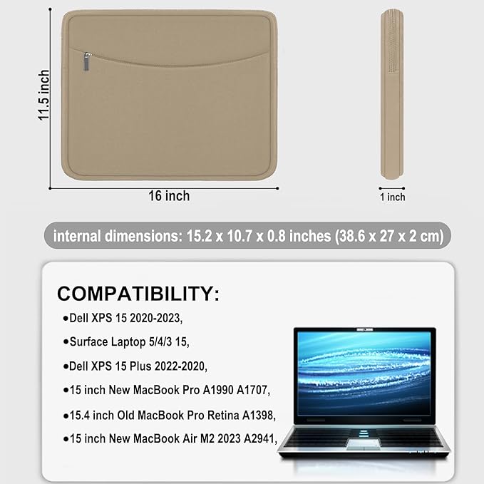 Laptop Case Sleeve 15.6 inch, Shockproof Protective Briefcase Carrying Computer Cover Bag with Accessory Pocket, Laptop Bag Compatible with MacBook, HP, Dell, Lenovo, Asus, Khaki