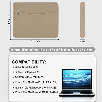 Laptop Case Sleeve 15.6 inch, Shockproof Protective Briefcase Carrying Computer Cover Bag with Accessory Pocket, Laptop Bag Compatible with MacBook, HP, Dell, Lenovo, Asus, Khaki