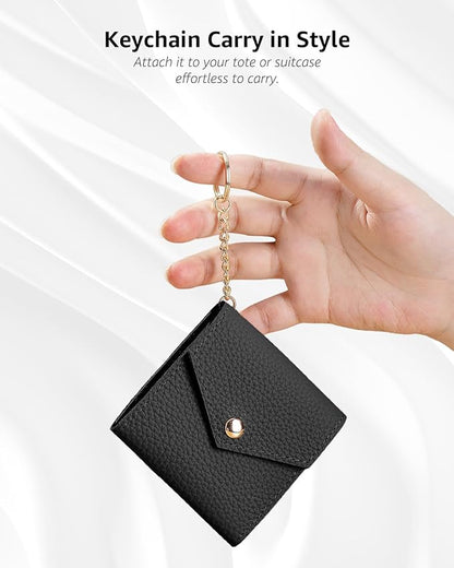 Small Travel Jewelry Organizer Case for Women, Genuine Leather Mini Jewelry Roll with Keychain, Portable Earring Ring Necklace Storage Pouch for Short Trips & Daily Use (Black)