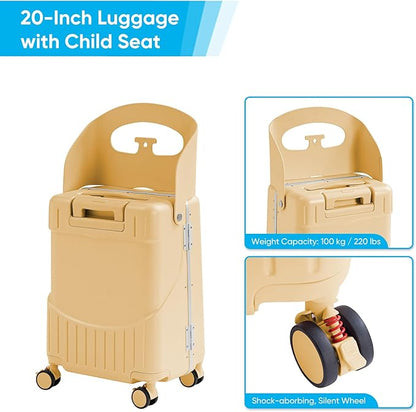 20'' Luggage with Child Seat, Ride On Suitcase with Shockproof Silent Spinner Wheels, TSA Lock, Carry On Luggage with Foldable Backrest, Bag Hook for Kids.