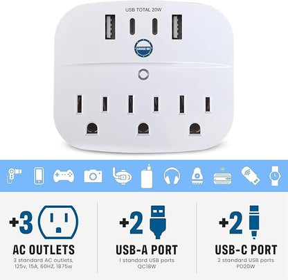 Cruise Approved Power Strip Foldable, Non Surge Protector Travel Power Strip, 2 USB-C, 2 USB, 3 AC Outlet Plugs - Cruise Essentials for Carnival, Celebrity, Princess & Major Lines in 2025 & 2026