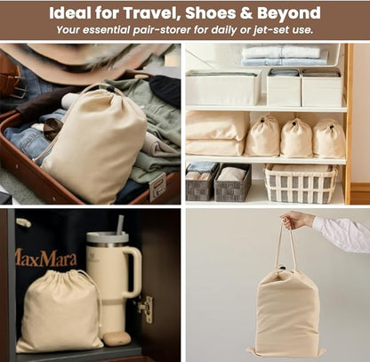 LFH Cotton Shoe Storage Bags with Drawstring, Dustproof Breathable Reusable Organizer, Perfect For Travel, Dorm, Hotel, College, Gym, Easy to Carry, Machine Washable 8"x17" (Pack of 4) - Natural