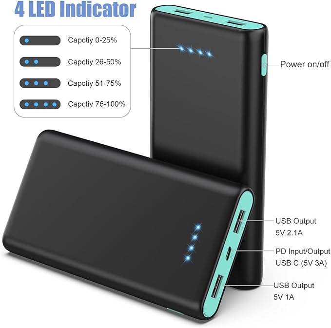 Portable Charger Power Bank 25,800mAh,5V/3A USB C in&Out Fast Phone Charging with Intelligent Smart IC,3 USB Port External Cell Phone Battery Pack Compatible with iPhone 17 16 15,GalaxyAndroid-Green