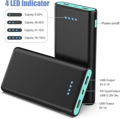 Portable Charger Power Bank 25,800mAh,5V/3A USB C in&Out Fast Phone Charging with Intelligent Smart IC,3 USB Port External Cell Phone Battery Pack Compatible with iPhone 17 16 15,GalaxyAndroid-Green