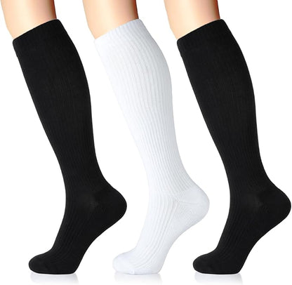 LIN PERFORMANCE Compression Socks for Women and Men 3 Pairs 8-15 mmHg Cotton Knee High Support Socks for Travel Sport