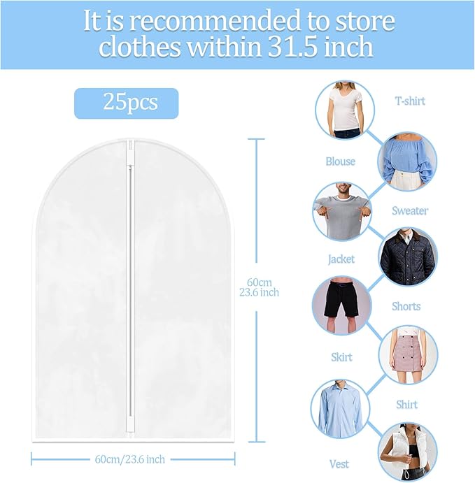 TORONTOKYO 25 Pack 31" Garment Bags for Hanging Clothes, Clear Plastic Garment Bag Dust-Proof Suit Protector Clothes Cover with Zipper for Closet Storage and Travel