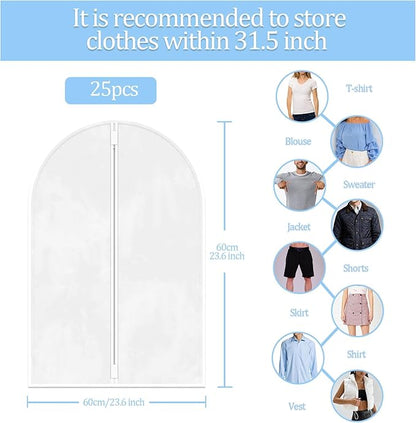 TORONTOKYO 25 Pack 31" Garment Bags for Hanging Clothes, Clear Plastic Garment Bag Dust-Proof Suit Protector Clothes Cover with Zipper for Closet Storage and Travel